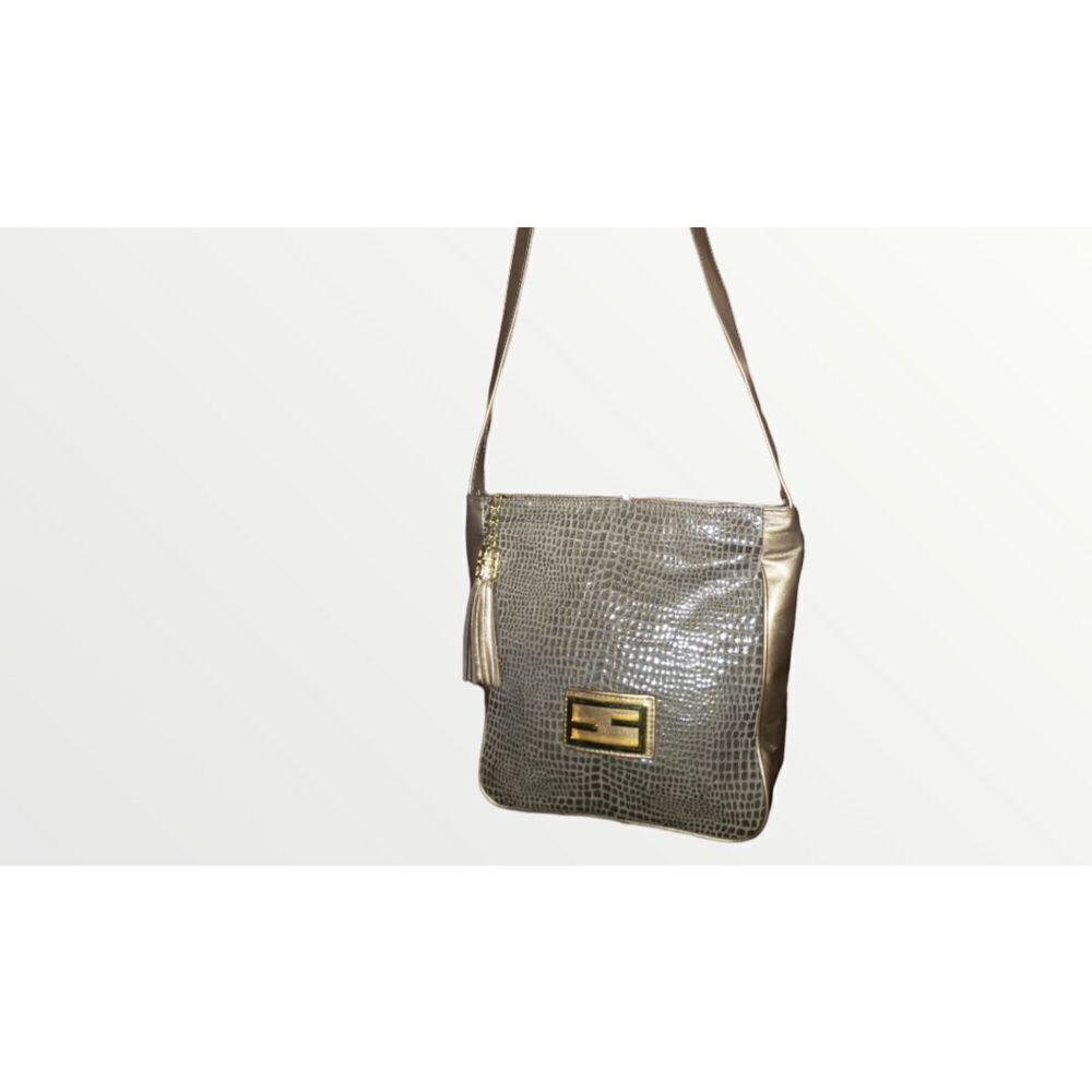 Paul Joseph Leather Bronze Croc Inspired Crossbody Vintage Purse Gold Hardware